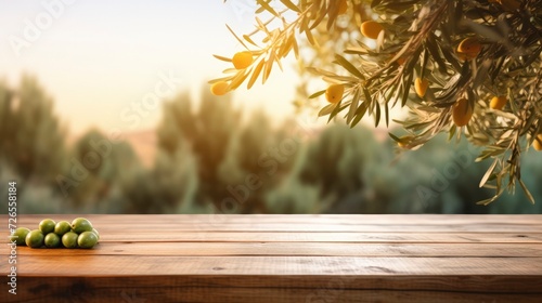 Branch of green olives with leaves on empty wooden table on blurred natural background of olive garden. Sunset sunlight. Mockup for your design  product advertising