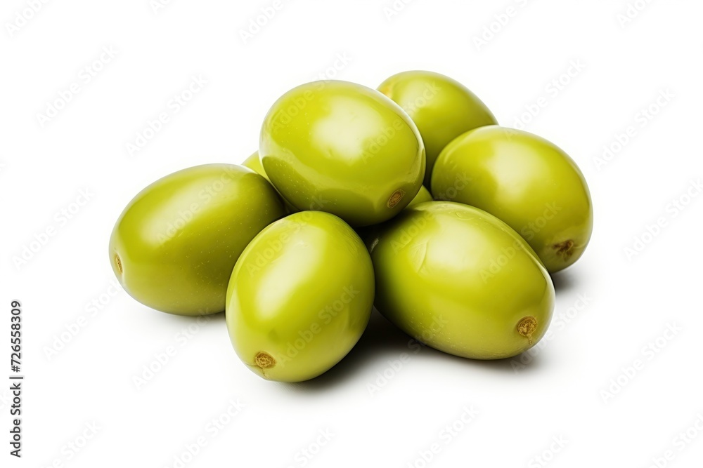 Green olives on a white background. Beautiful fruits of the olive tree, an ingredient for making olive oil. Object for design, advertising Green olives on a white background. Beautiful fruits of the olive tree, an ingredient for making olive oil. Object for design, advertising