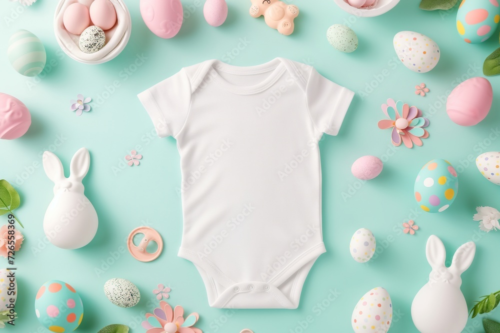 A pristine white baby onesie is presented amongst a delightful arrangement of Easter eggs, pacifiers, and a bunny, perfect for spring-themed baby easter. A pristine white baby onesie is presented amongst a delightful arrangement of Easter eggs, pacifiers, and a bunny, perfect for spring-themed baby easter.