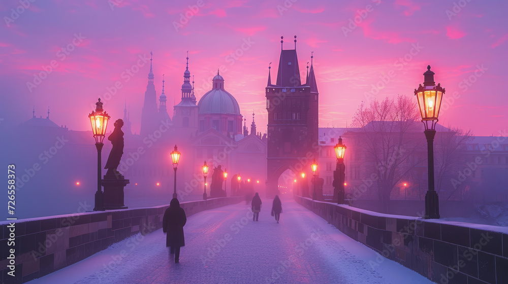 Obraz premium Charles bridge, Prague, winter sunset