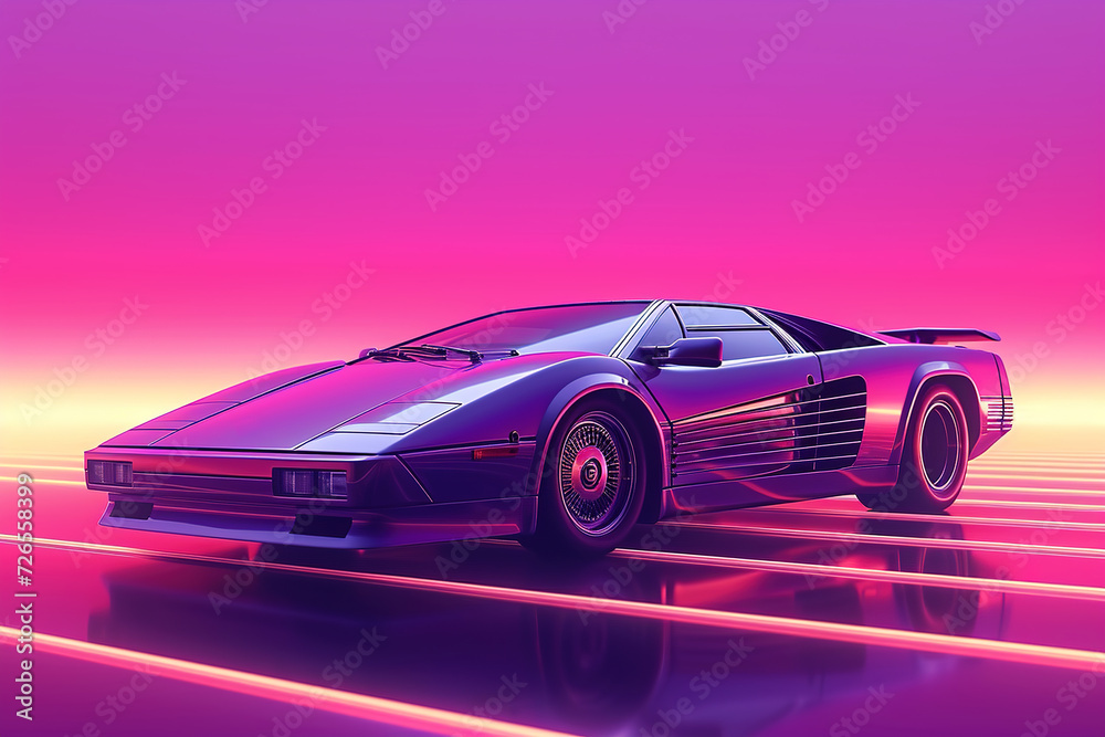 Vintage supercar on glowing synthwave grid at twilight