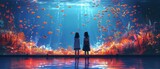 Two kids observing a vibrant, colorful underwater scene at an aquarium.