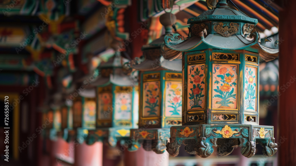 Intricately painted lanterns adorning a temple hall