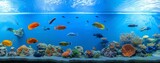 Vibrant underwater scene with colorful corals and tropical fish in a clear aquarium.