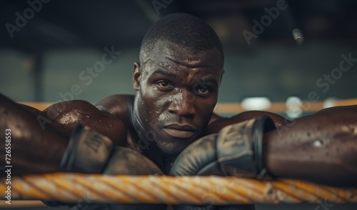 A contemplative African American boxer with a piercing gaze with gloves resting on ring ropes.