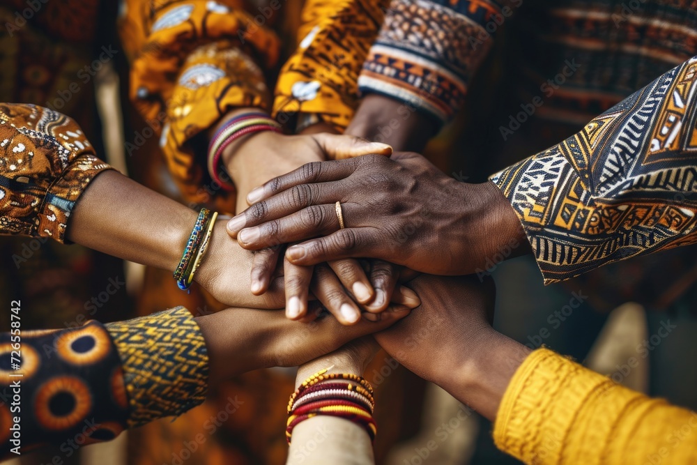 Diverse businesspeople with African patterns join hands.