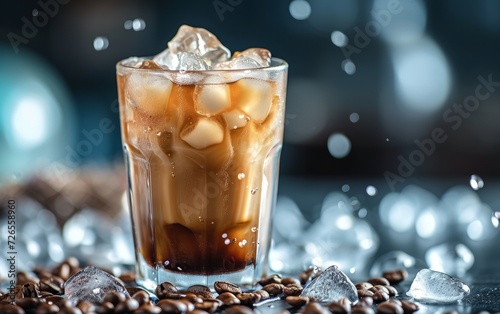 Chilled iced coffee in a clear glass amidst scattered coffee beans and ice cubes. Cold Brew - summer drinks.