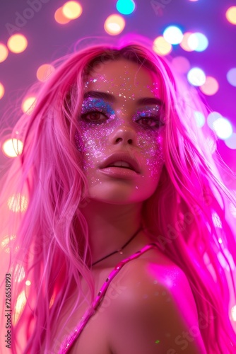 A beautiful woman with sparkling glitter on cheeks and vibrant pink hair against a bokeh backdrop.