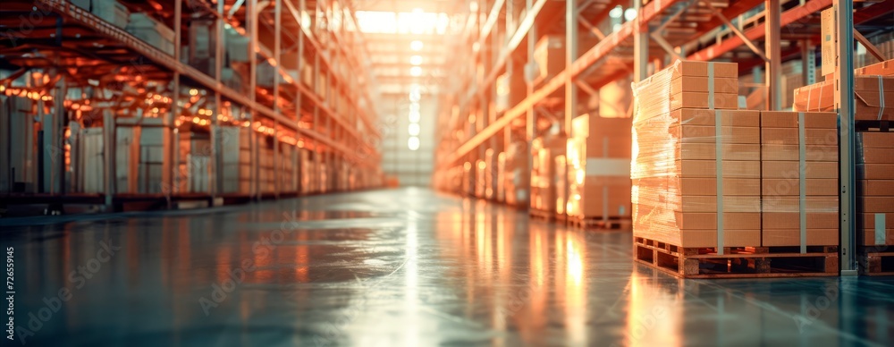 Pallets with boxes in delivery service warehouse. Storage hangar for logistics processes, Shelves in retail warehouse with goods in boxes. Logistics and transportation product distribution, copy space