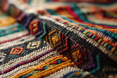Colorful AfricanPeruvian rug surface closeup with more motifs and textiles. © darshika