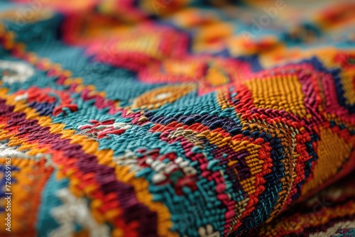 Colorful AfricanPeruvian rug surface closeup with more motifs and textiles.