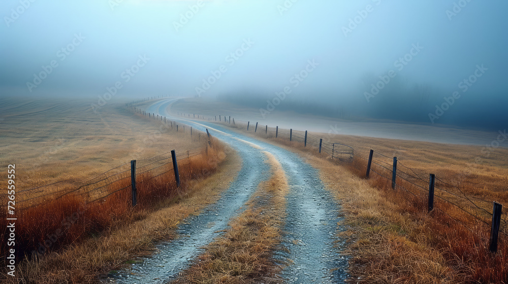 Path stretching to the horizon: A road that extends into the distance, possibly disappearing into a misty horizon