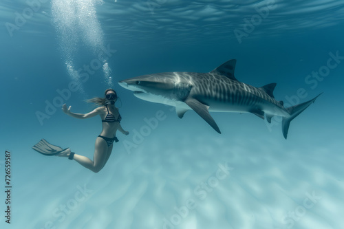Woman swimming with shark in tropical sea