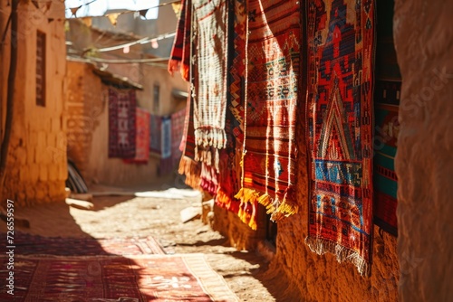 Moroccan Berber carpets hung in Ouzoud. photo