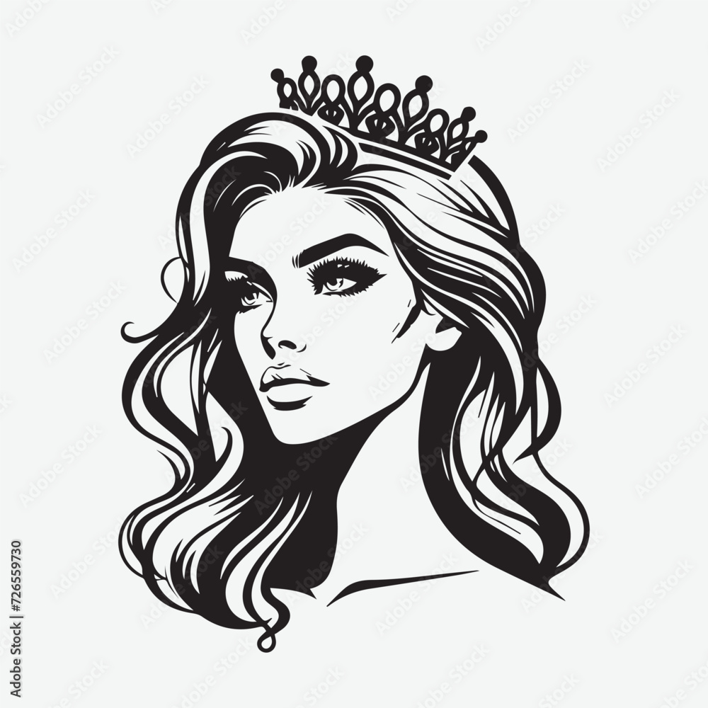Beautiful Girl Illustration Black and White Vector silhouette 