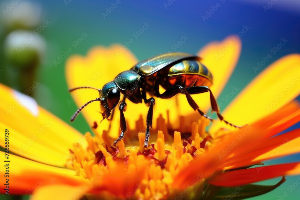 Metallic Beetle on Vibrant Sunflower Close-Up Metallic Beetle on Vibrant Sunflower Close-Up