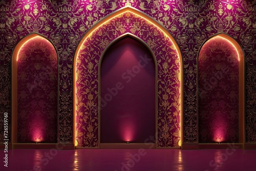 beautiful puce and gold modern islamic ornament wall vector with curved floral pattern and light  photo