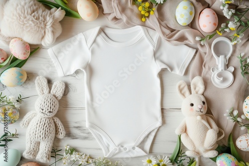 A pristine white baby onesie is presented amongst a delightful arrangement of Easter eggs, pacifiers, and a bunny, perfect for spring-themed baby easter.