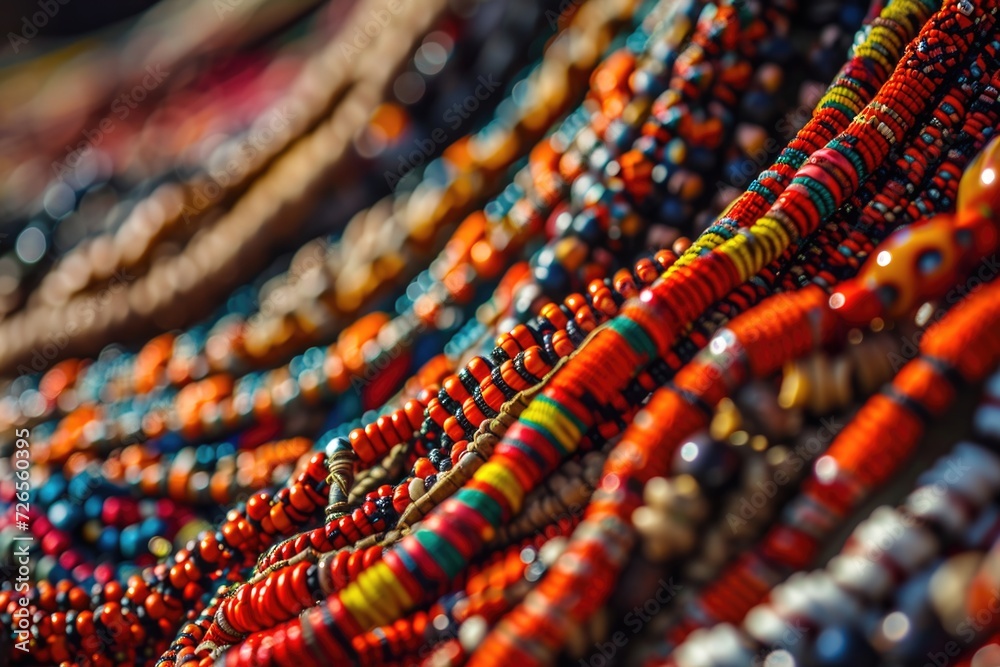 Intricate African tribal necklaces for sale at street market. - obrazy, fototapety, plakaty 