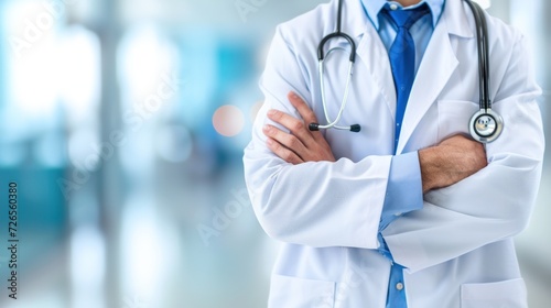 A Male Doctor With A Stethoscope In Hospital. copy space for text