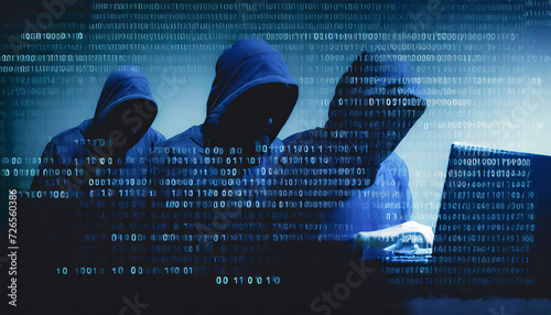 hackers in hoodie using laptop at night. Cyber crime concept.