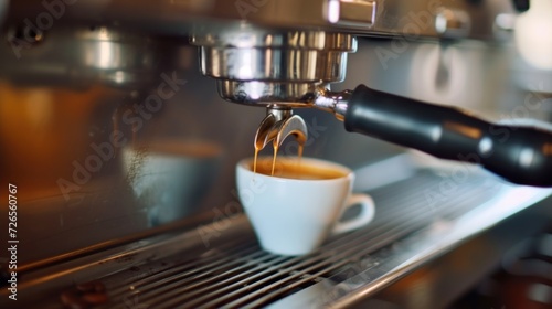 Espresso coffee is poured from a coffee machine in a cafe. generative AI image