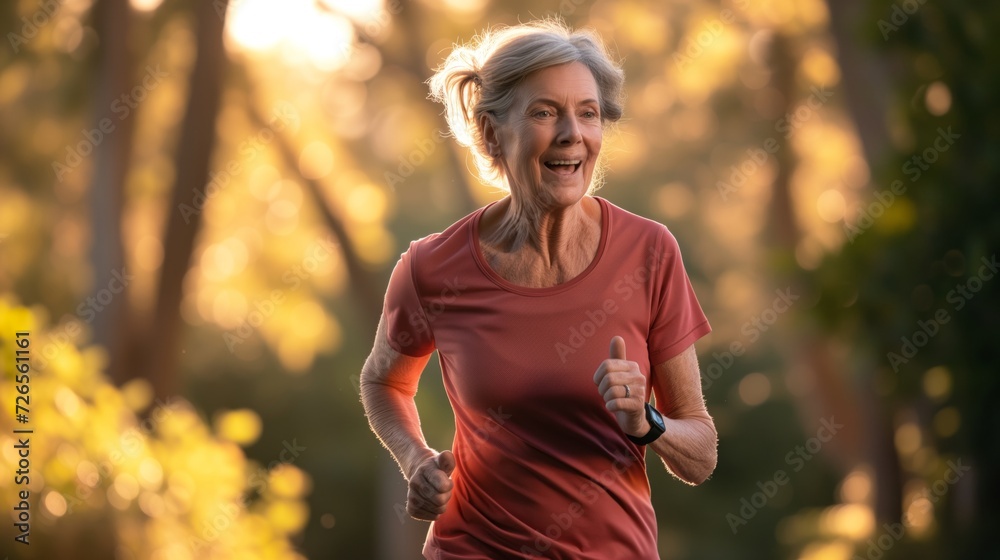 Senior Woman Enjoying a Run in Golden Hour Light, Showcasing Healthy Lifestyle Choices Senior Woman Enjoying a Run in Golden Hour Light, Showcasing Healthy Lifestyle Choices
