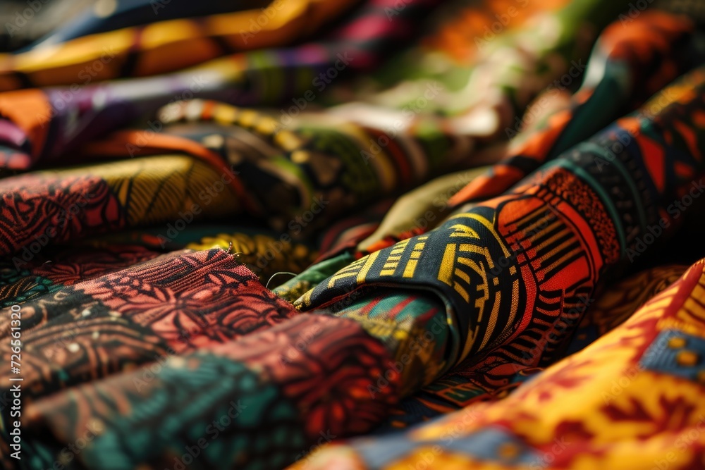 Colorful African Ghanaian fabrics spread out on table.