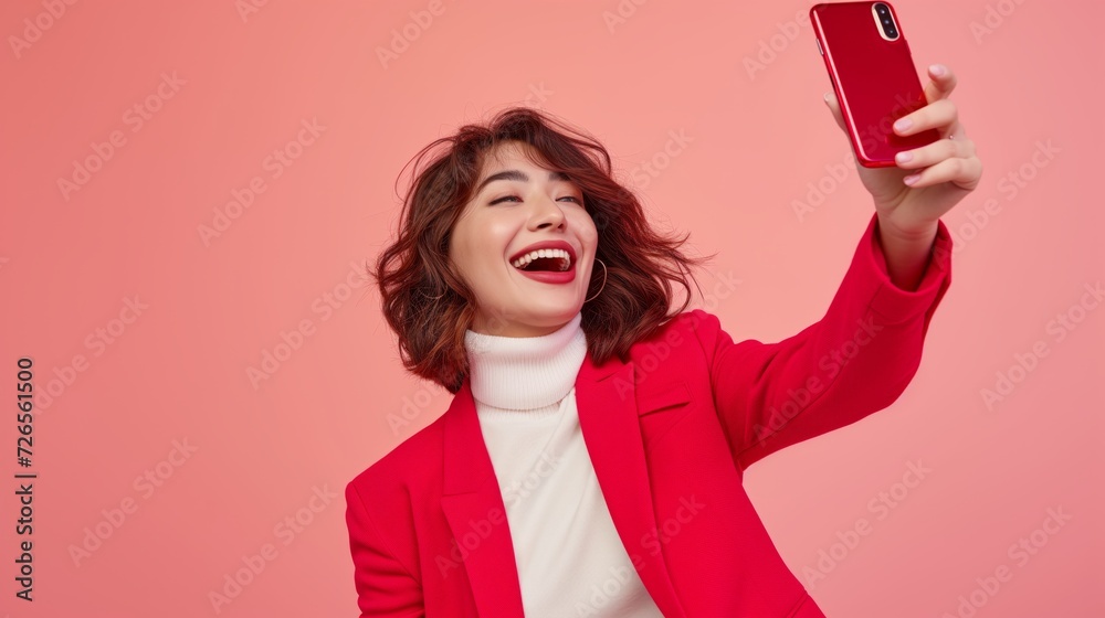 Naklejka premium Young Woman Taking a Selfie in Red, Capturing Moments of Happiness and Self-Expression