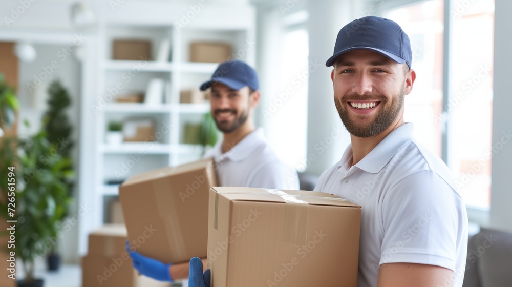 Friendly Movers Holding Cardboard Boxes, Teamwork and Relocation Services, Smiling and Professional Friendly Movers Holding Cardboard Boxes, Teamwork and Relocation Services, Smiling and Professional