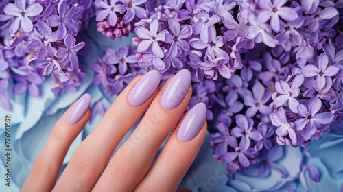 Photos of the design of purple nails on the hands, advertising the color of the nails