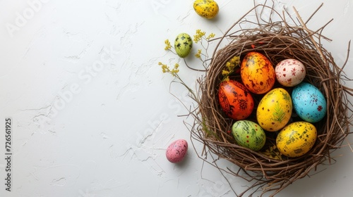 Rustic Easter eggs in nest on white background. Copy space for text. generative AI photo