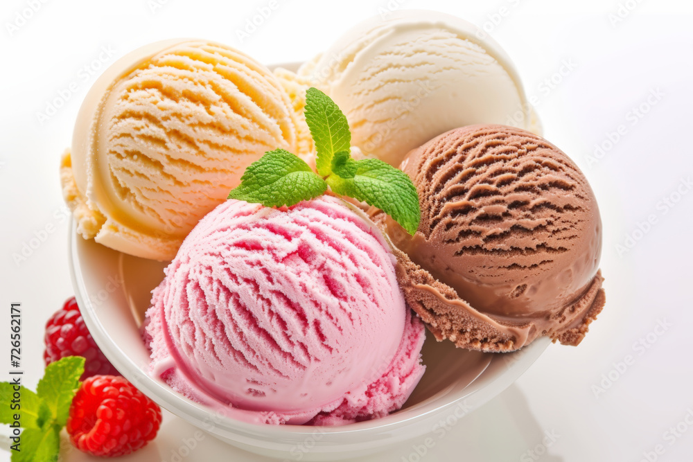 Scoops of vanilla, strawberry, and chocolate ice cream with raspberries and mint in a bowl on white.