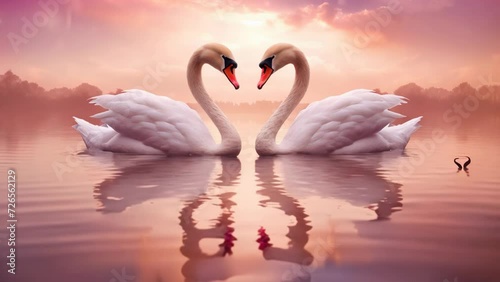 Two swans that face each other to make a heart shape, romantic sunset background for valentine day / anniversary - swans valentine	