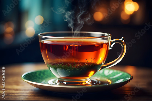 A glass tea cup and saucer are on the table. The cup is brimming with aromatic herbal tea, exuding a sense of warmth and tranquility.