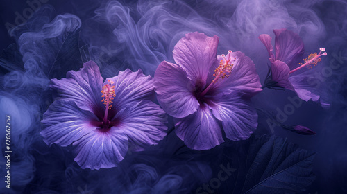 Smoky whispers above dark purple hibiscus flowers
