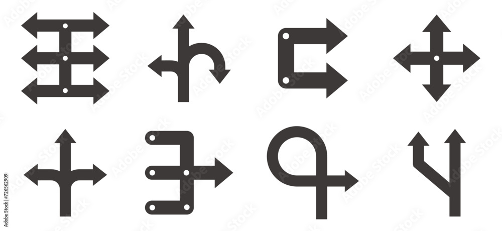 Way direction arrow sign set. Road direction vector icon collection. Two way and three-way direction arrow sign. Way direction arrow sign set. Road direction vector icon collection. Two way and three-way direction arrow sign.