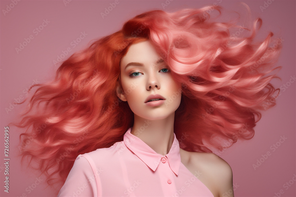 A woman with long wavy pink hair is wearing a pink shirt A woman with long wavy pink hair is wearing a pink shirt