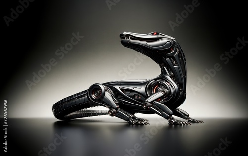 Mechanical Menace: A Carbon Steel Alligator Automaton in Monochrome Majesty with Glowing Red Eyes © Studio PRZ