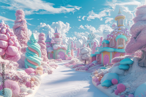 illustration of a small fantasy pastel colored candyland