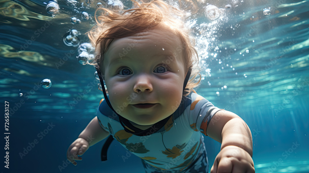 Adorable baby swimming underwater. Diving toddler