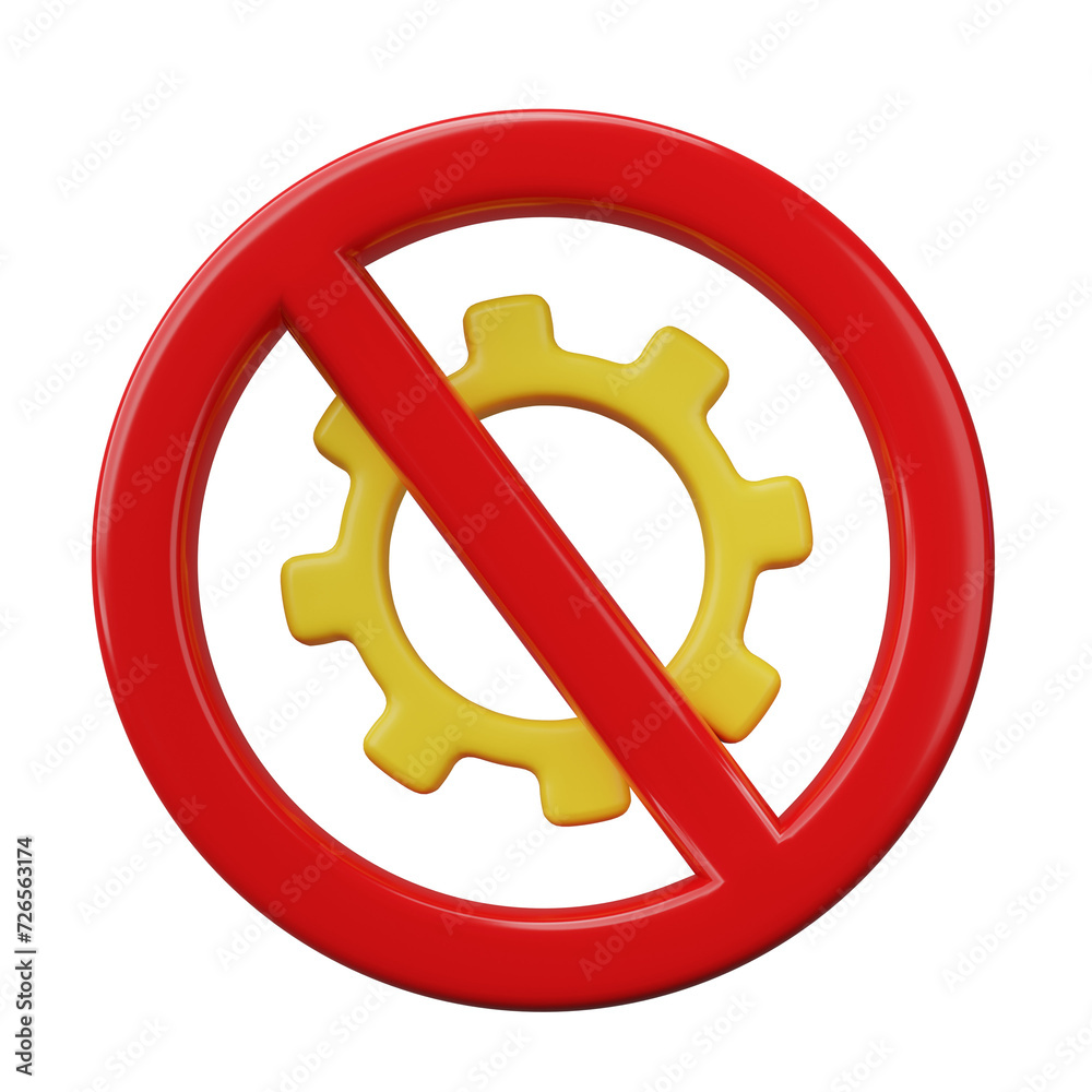 3D Render, 3D Illustration. Forbidden cogwheel sign. Prohibition icon service gear isolated on transparent background. 3D Render, 3D Illustration. Forbidden cogwheel sign. Prohibition icon service gear isolated on transparent background.