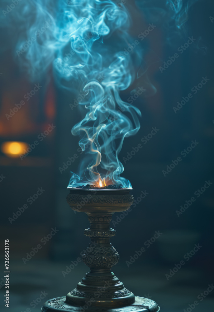 Spirals of incense smoke rising from a classic Diya stand