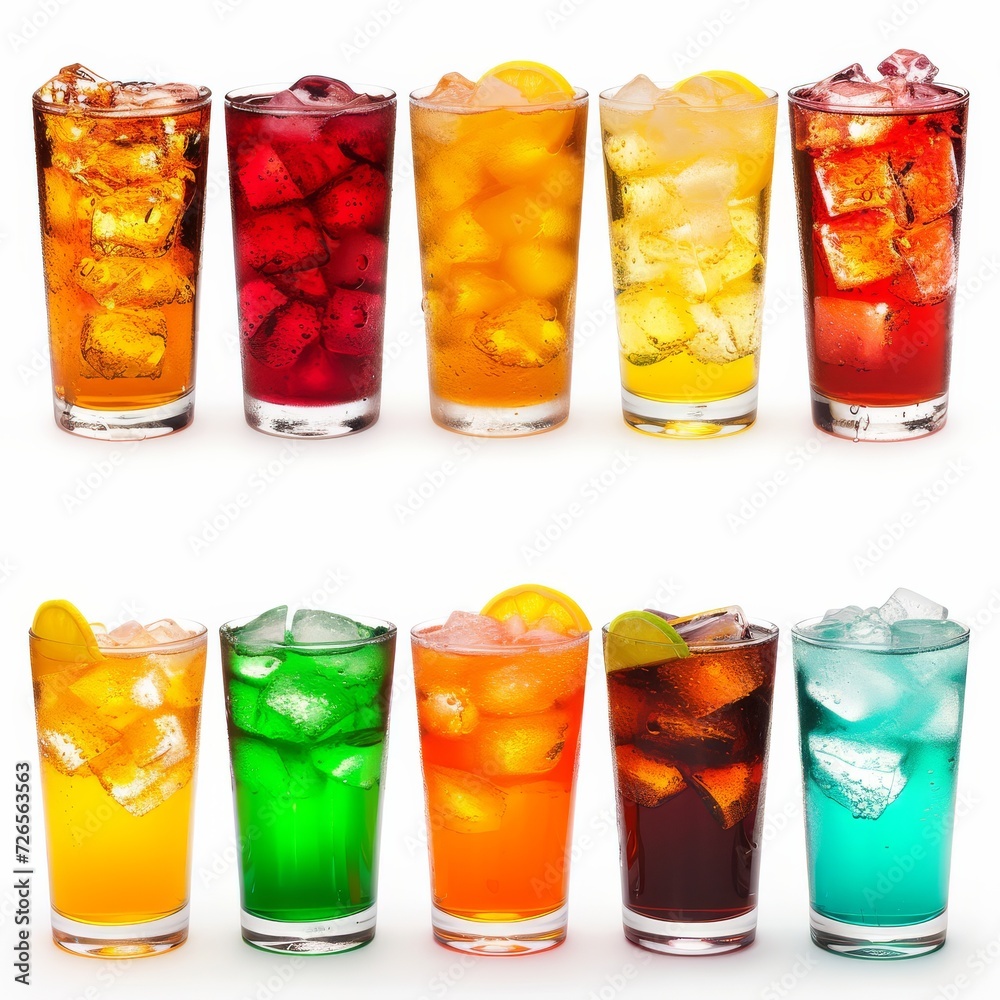 Savor the refreshing spectacle of a variety of soft drinks in different hues, each brimming with ice, elegantly showcased in glasses against an isolated white background Savor the refreshing spectacle of a variety of soft drinks in different hues, each brimming with ice, elegantly showcased in glasses against an isolated white background