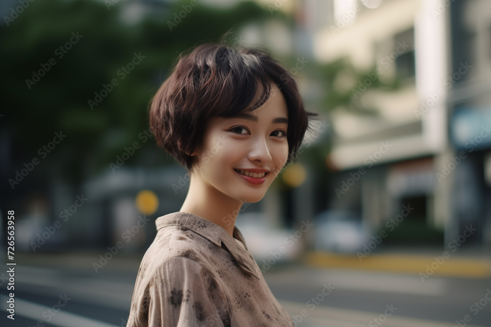 Stylish young Asian woman with short hair smiling on city street Stylish young Asian woman with short hair smiling on city street