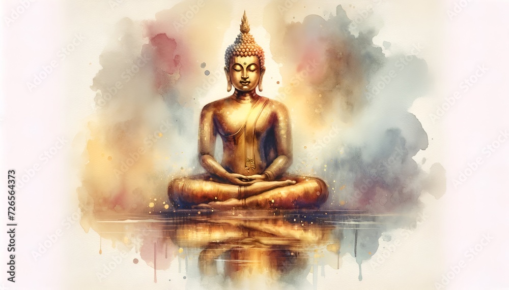 Watercolor painting of a golden buddha statue seated in a meditation pose.