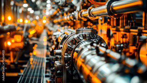 Detailed image of industrial machinery with pipes and valves in a manufacturing plant with a warm, orange glow.