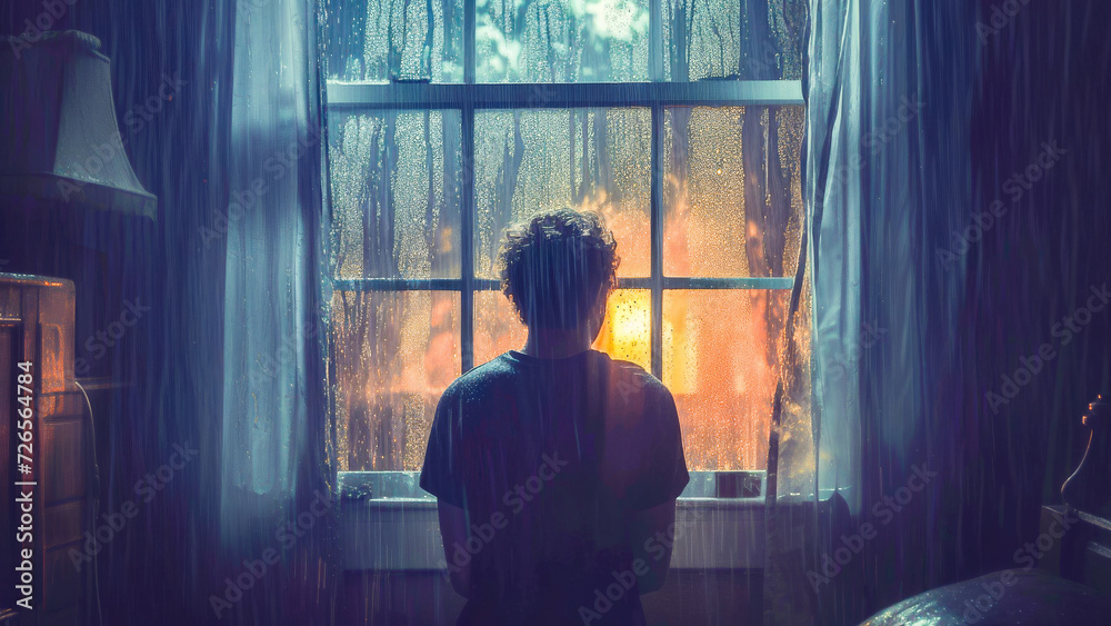 A solitary person stands by a rainy window at night, reflecting in the warmth and solitude of a cozy interior. A solitary person stands by a rainy window at night, reflecting in the warmth and solitude of a cozy interior.