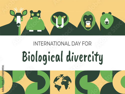 International Day of Biological Diversity. May 22nd. Geometric mosaic with abstract shapes of different animals. Template for postcards, flyers, banners. Vector illustration.3.