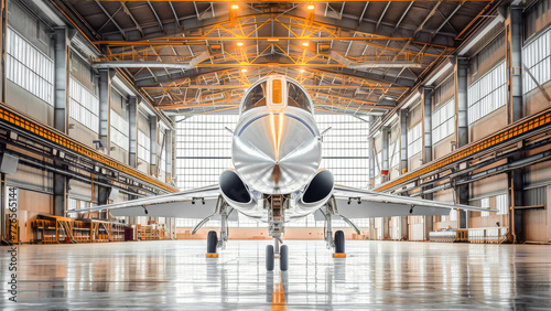 A private jet centered in a spacious hangar, ready for take-off, symbolizing luxury travel and corporate aviation. photo